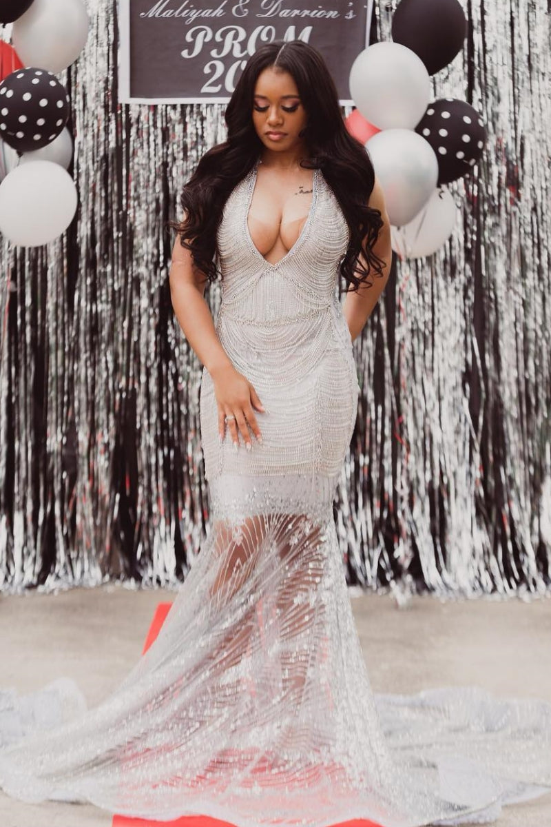 Silver Halter Sequins Mermaid Prom Dresses With Beadings