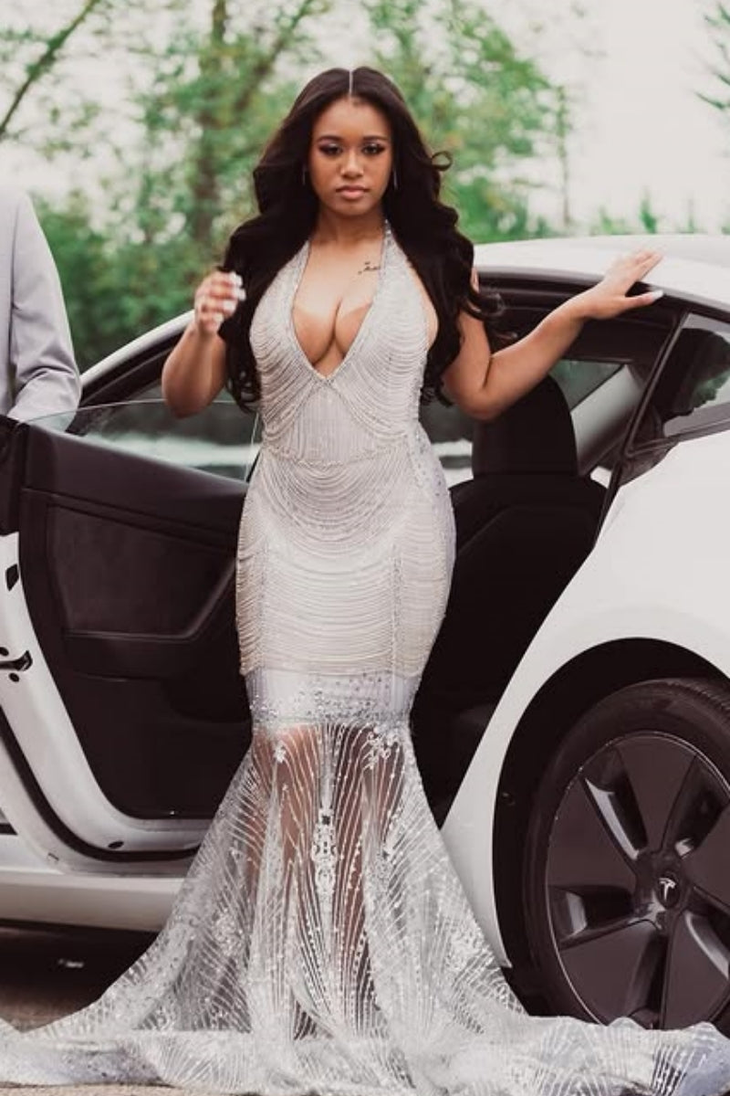Silver Halter Sequins Mermaid Prom Dresses With Beadings