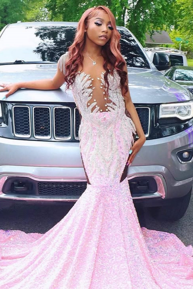 Pink Jewel Beadings Sequins Mermaid Prom Dresses With Tassel