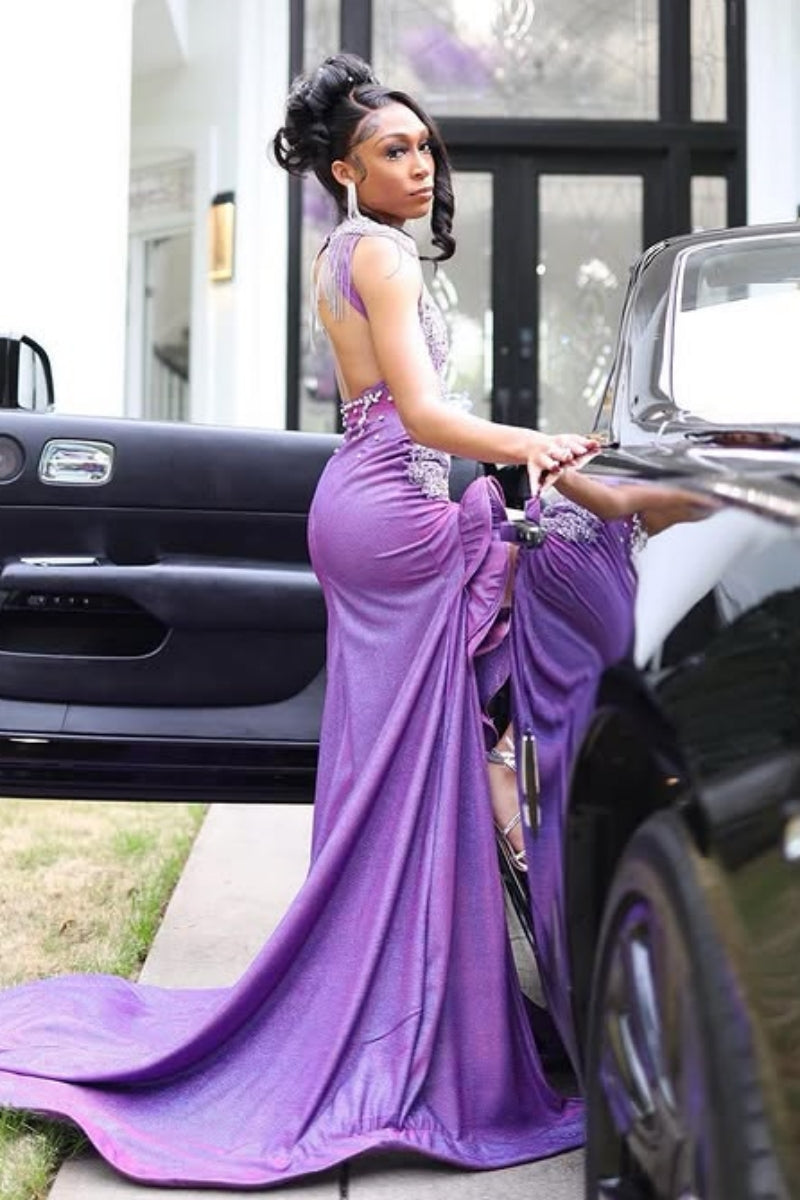 Purple Jewel Backless Ruffles Side Slit Beadings Sheath Prom Dresses With Tassel