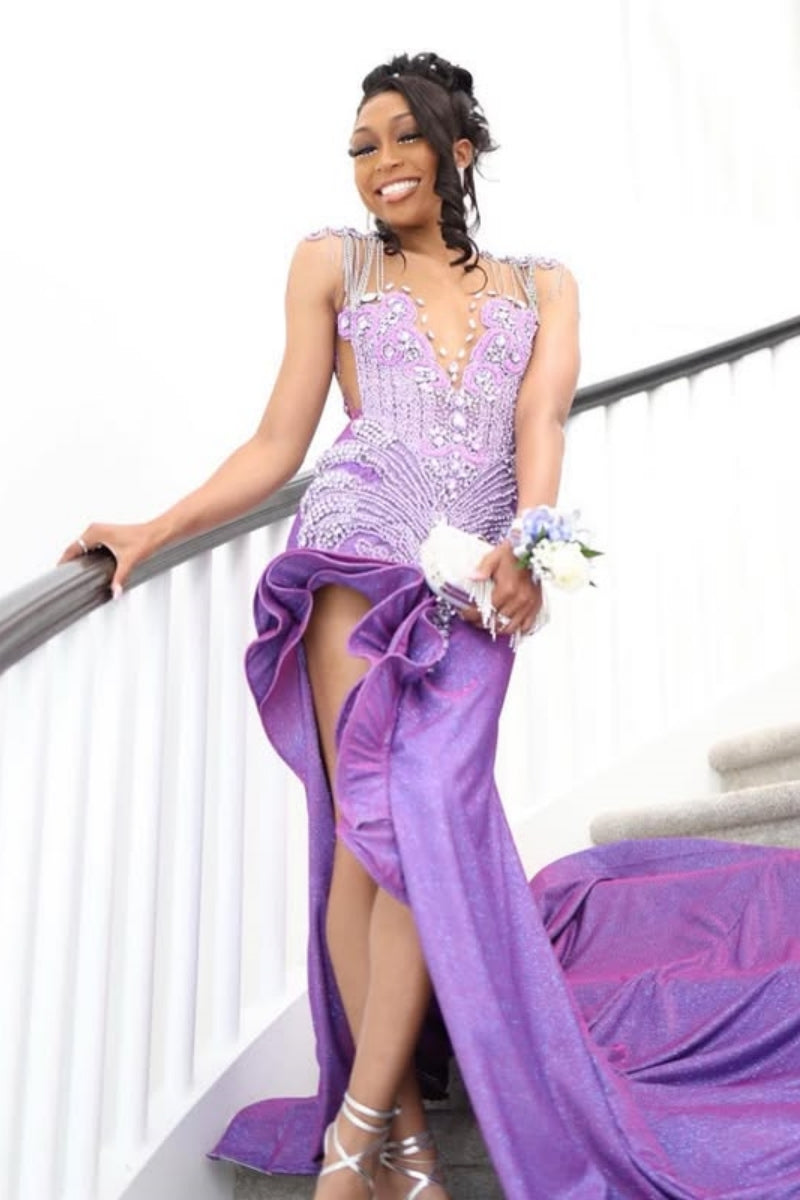 Purple Jewel Backless Ruffles Side Slit Beadings Sheath Prom Dresses With Tassel