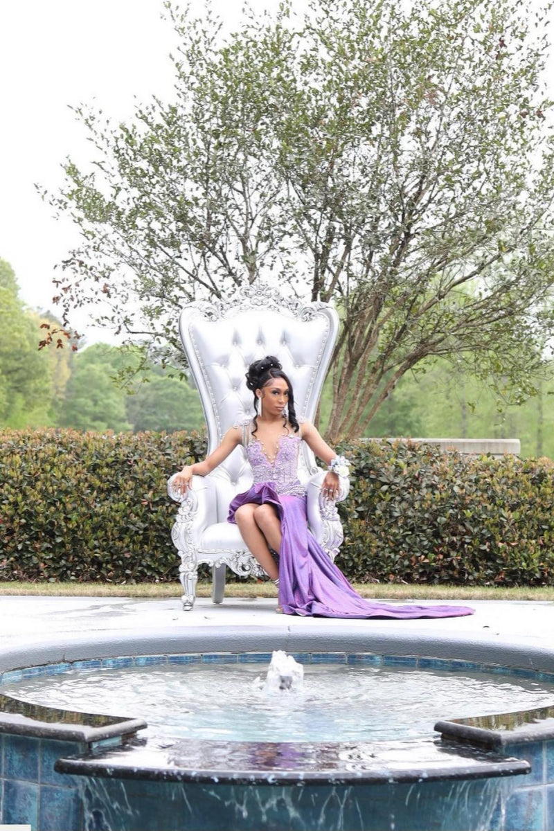 Purple Jewel Backless Ruffles Side Slit Beadings Sheath Prom Dresses With Tassel