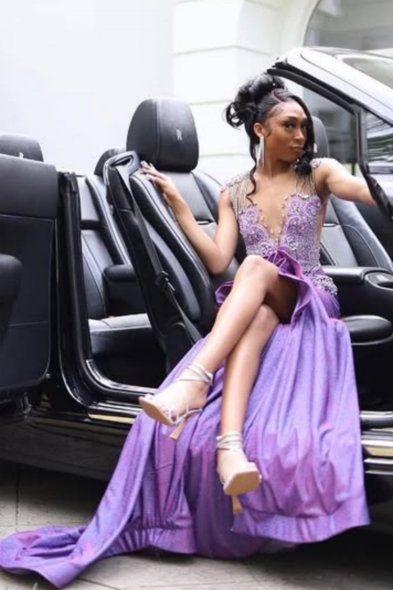 Purple Jewel Backless Ruffles Side Slit Beadings Sheath Prom Dresses With Tassel