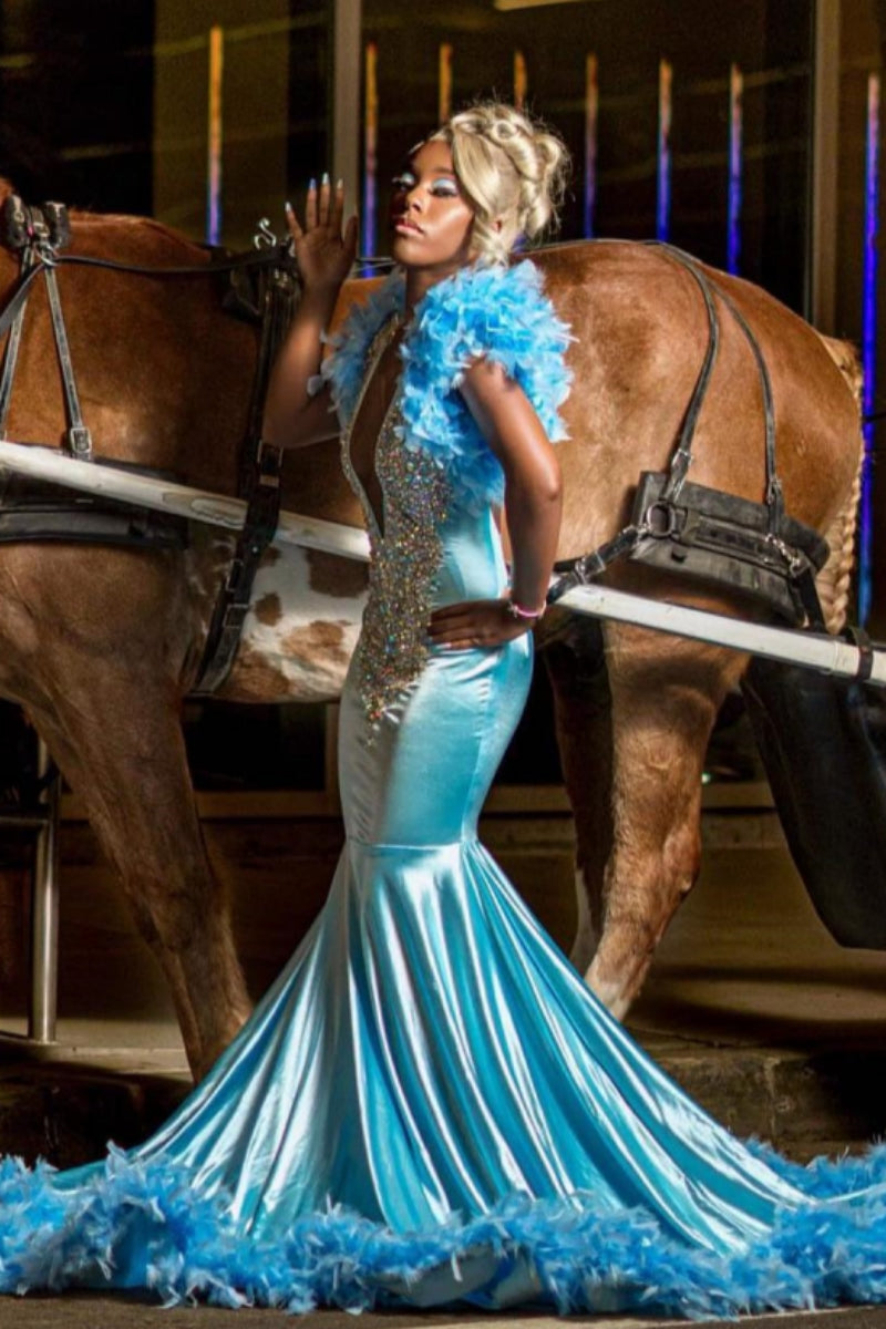 Blue V-Neck Sleeves Beadings Feather Mermaid Prom Dresses