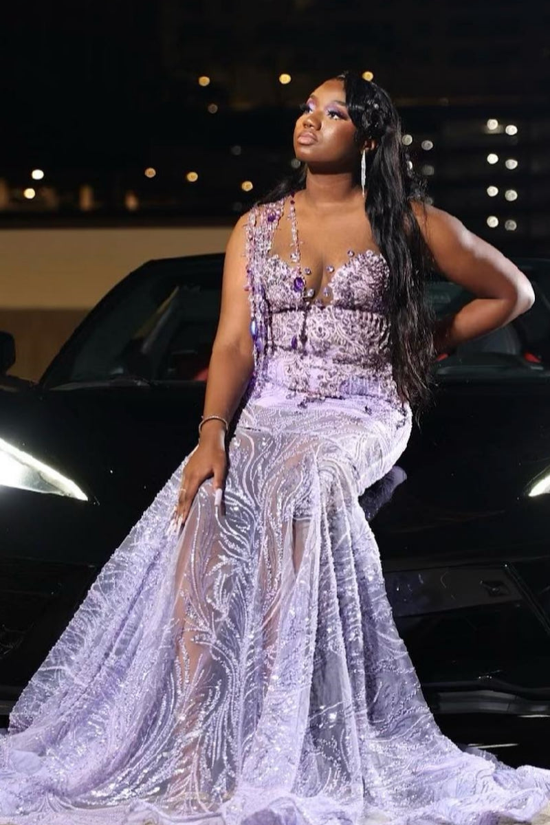 Lavender Sequins One Shoulder Beadings Mermaid Prom Dresses With Tassel