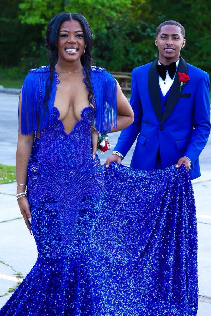 Royal Blue Sequins V-Neck Beadings Mermaid Prom Dresses With Tassel