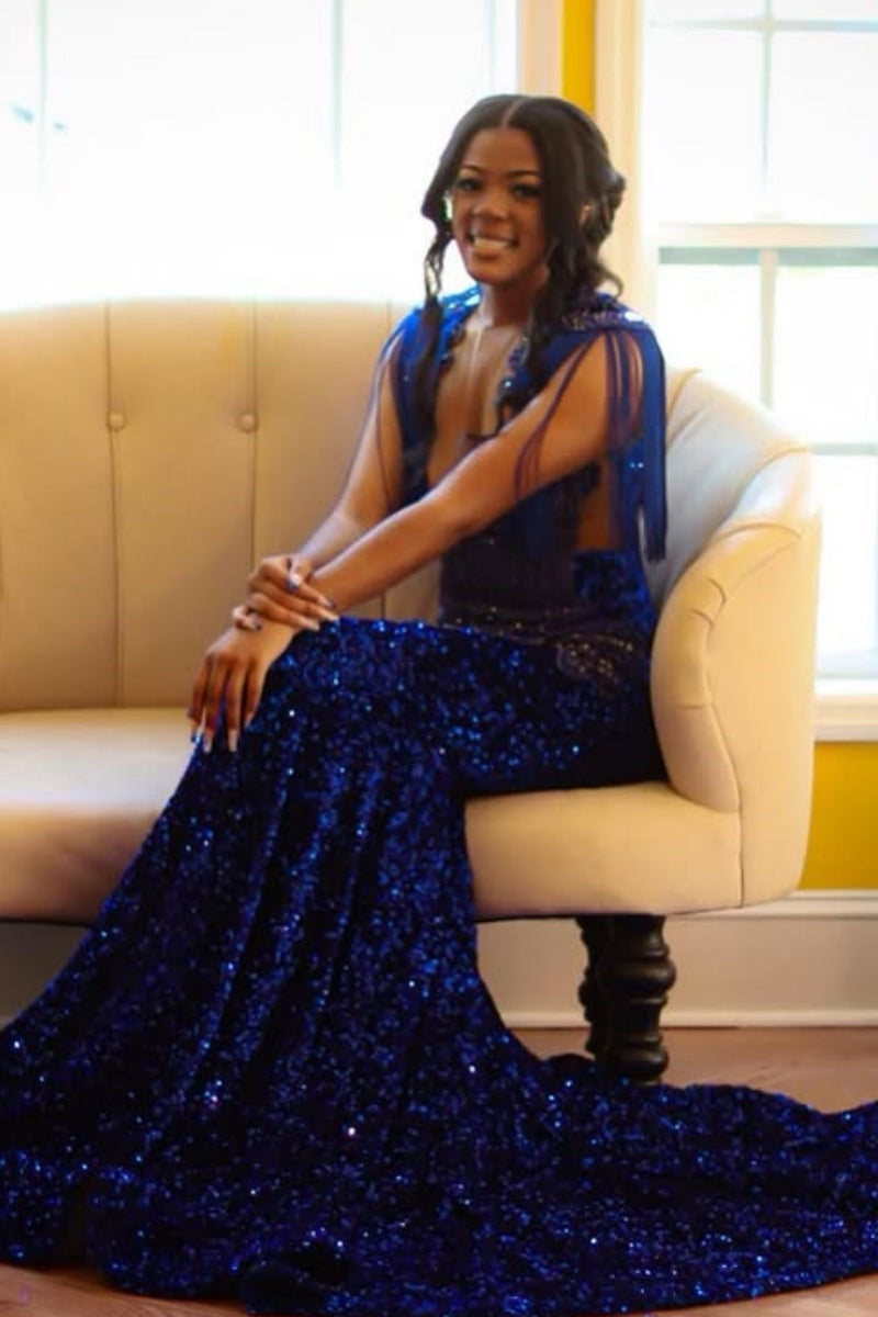 Royal Blue Sequins V-Neck Beadings Mermaid Prom Dresses With Tassel