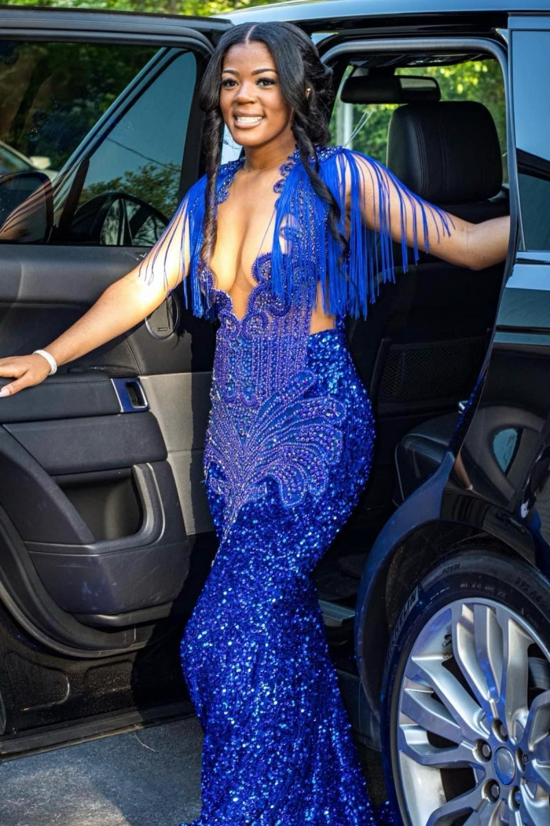 Royal Blue Sequins V-Neck Beadings Mermaid Prom Dresses With Tassel