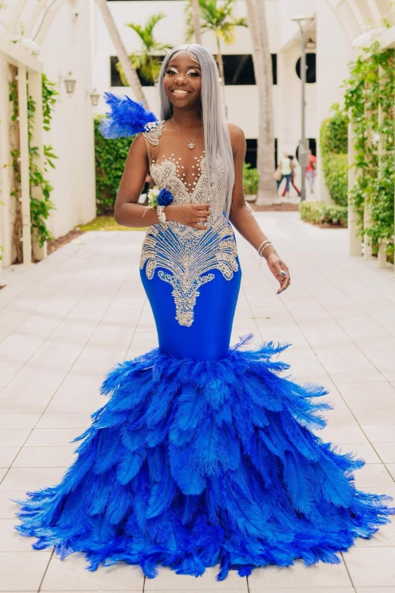 Sexy Royal Blue V-Neck Silver Beadings Mermaid Prom Dresses With Feathers