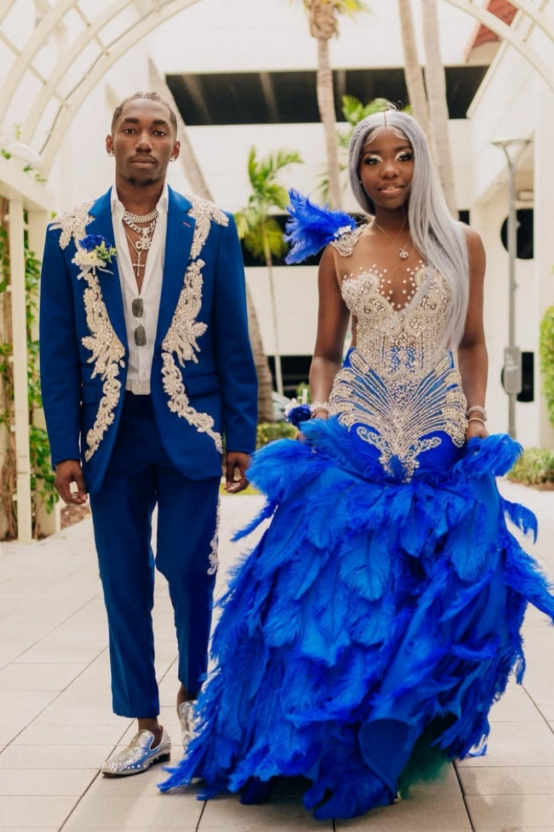 Sexy Royal Blue V-Neck Silver Beadings Mermaid Prom Dresses With Feathers
