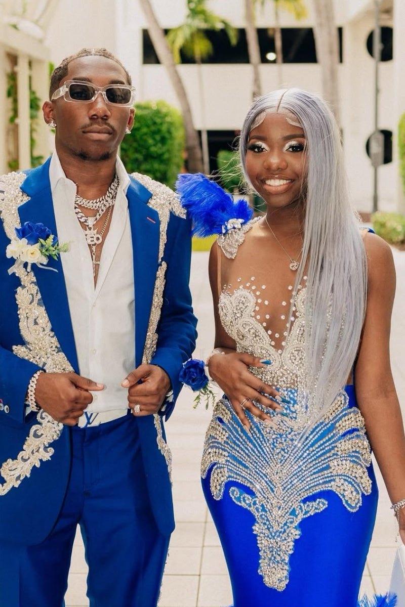 Sexy Royal Blue V-Neck Silver Beadings Mermaid Prom Dresses With Feathers