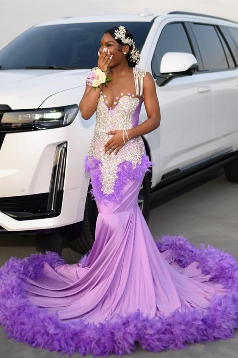 Glamorous Purple Spaghetti Strap Silver Beadings Mermaid Prom Dresses With Feathers