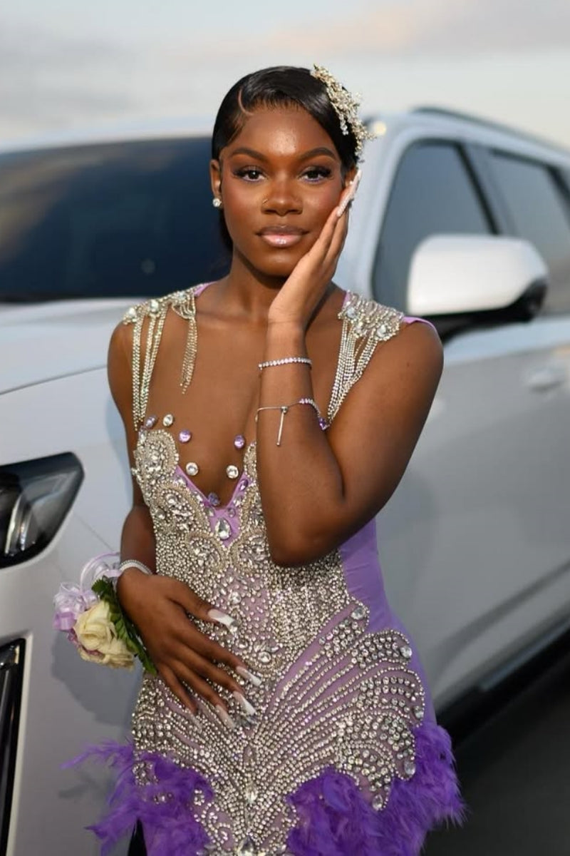 Glamorous Purple Spaghetti Strap Silver Beadings Mermaid Prom Dresses With Feathers
