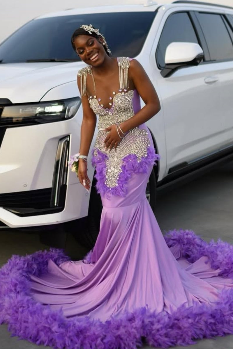 Glamorous Purple Spaghetti Strap Silver Beadings Mermaid Prom Dresses With Feathers