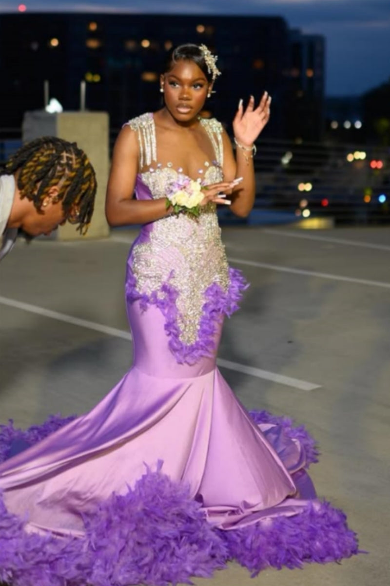 Glamorous Purple Spaghetti Strap Silver Beadings Mermaid Prom Dresses With Feathers