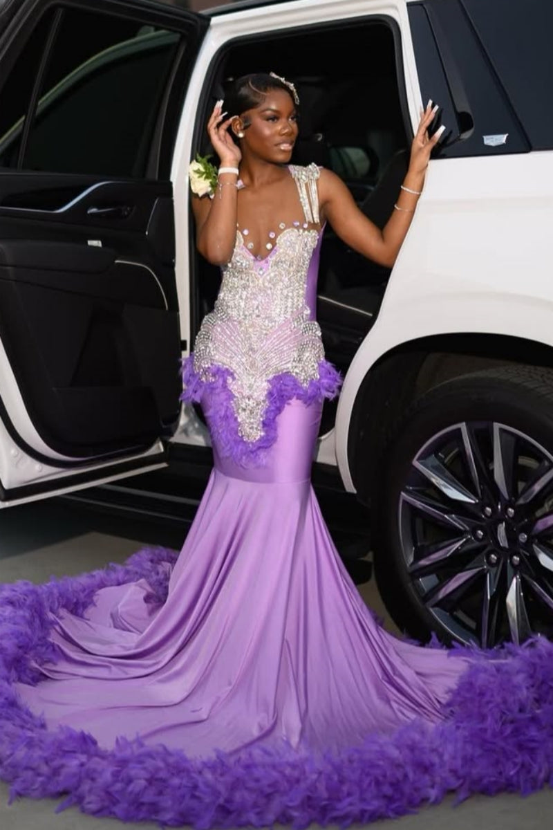 Glamorous Purple Spaghetti Strap Silver Beadings Mermaid Prom Dresses With Feathers