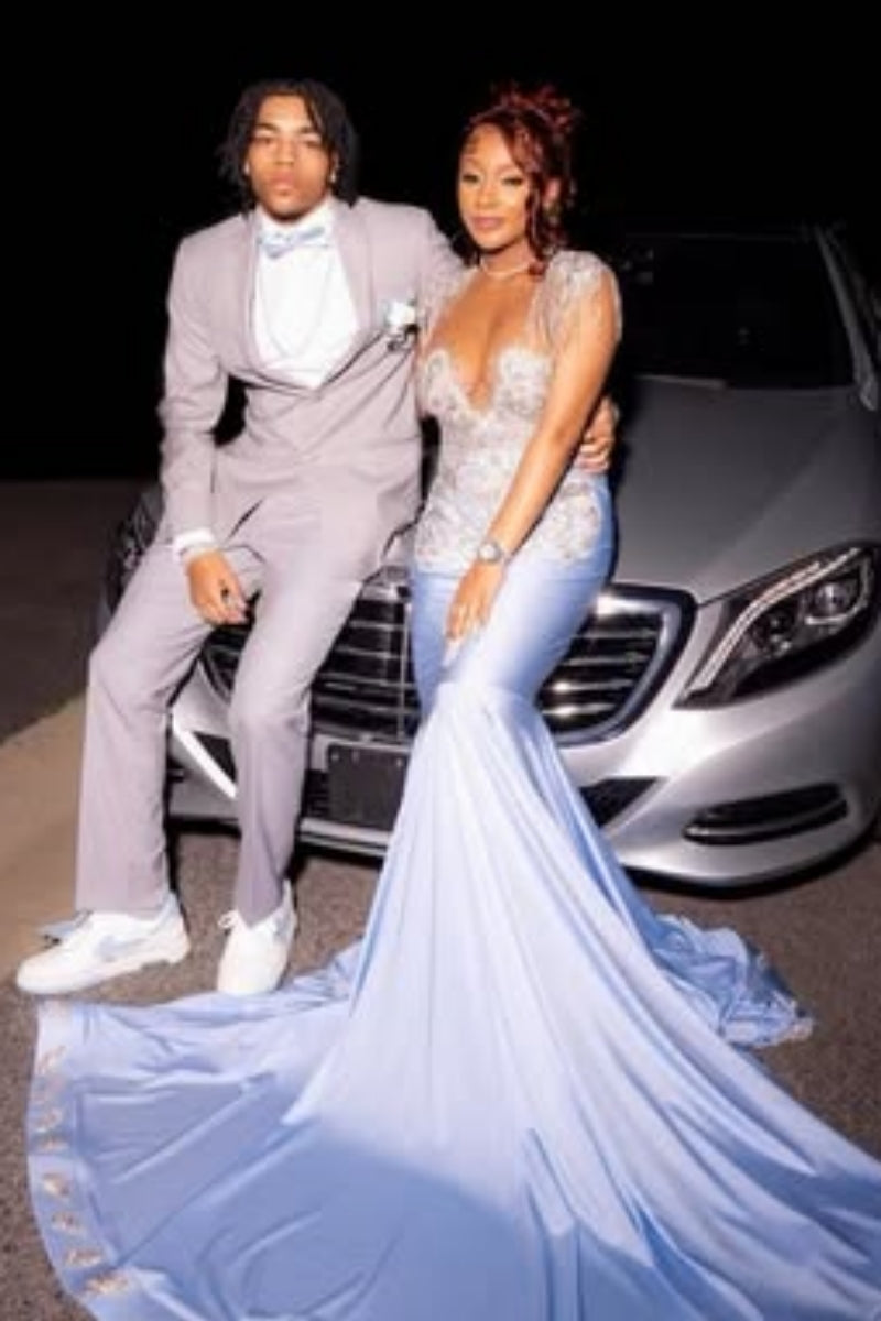 Beautiful Blue Spaghetti Strap Mermaid Prom Dresses With Silver Beadings