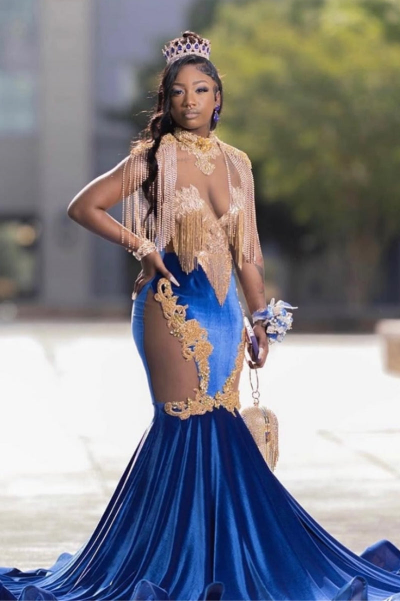 Chic Royal Blue Velvet Beadings Mermaid Prom Dresses With Appliques