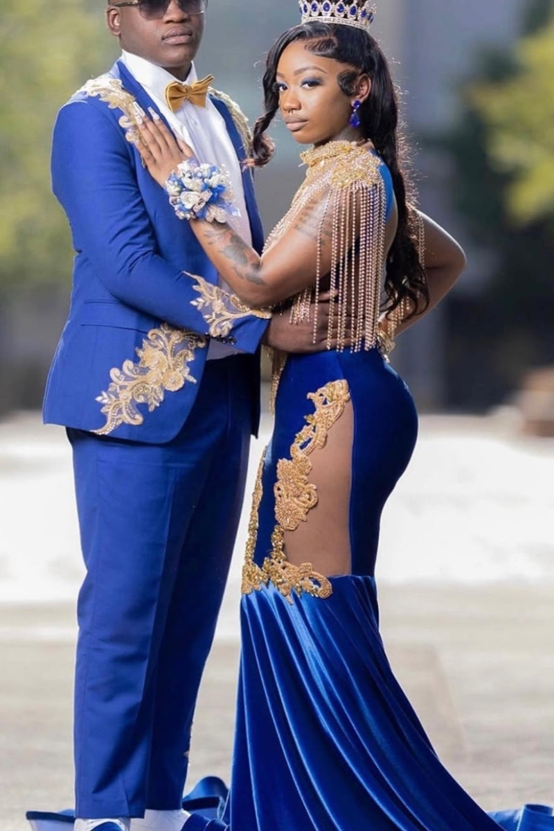 Chic Royal Blue Velvet Beadings Mermaid Prom Dresses With Appliques
