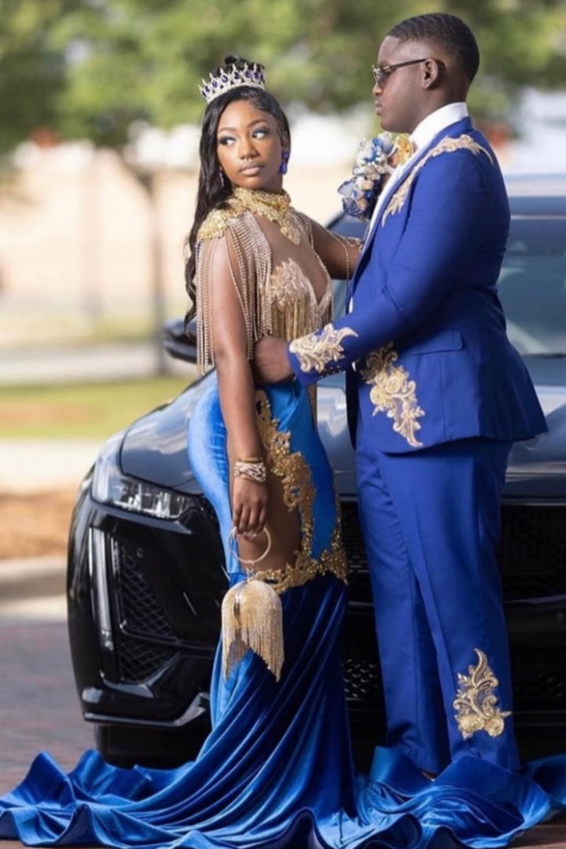 Chic Royal Blue Velvet Beadings Mermaid Prom Dresses With Appliques