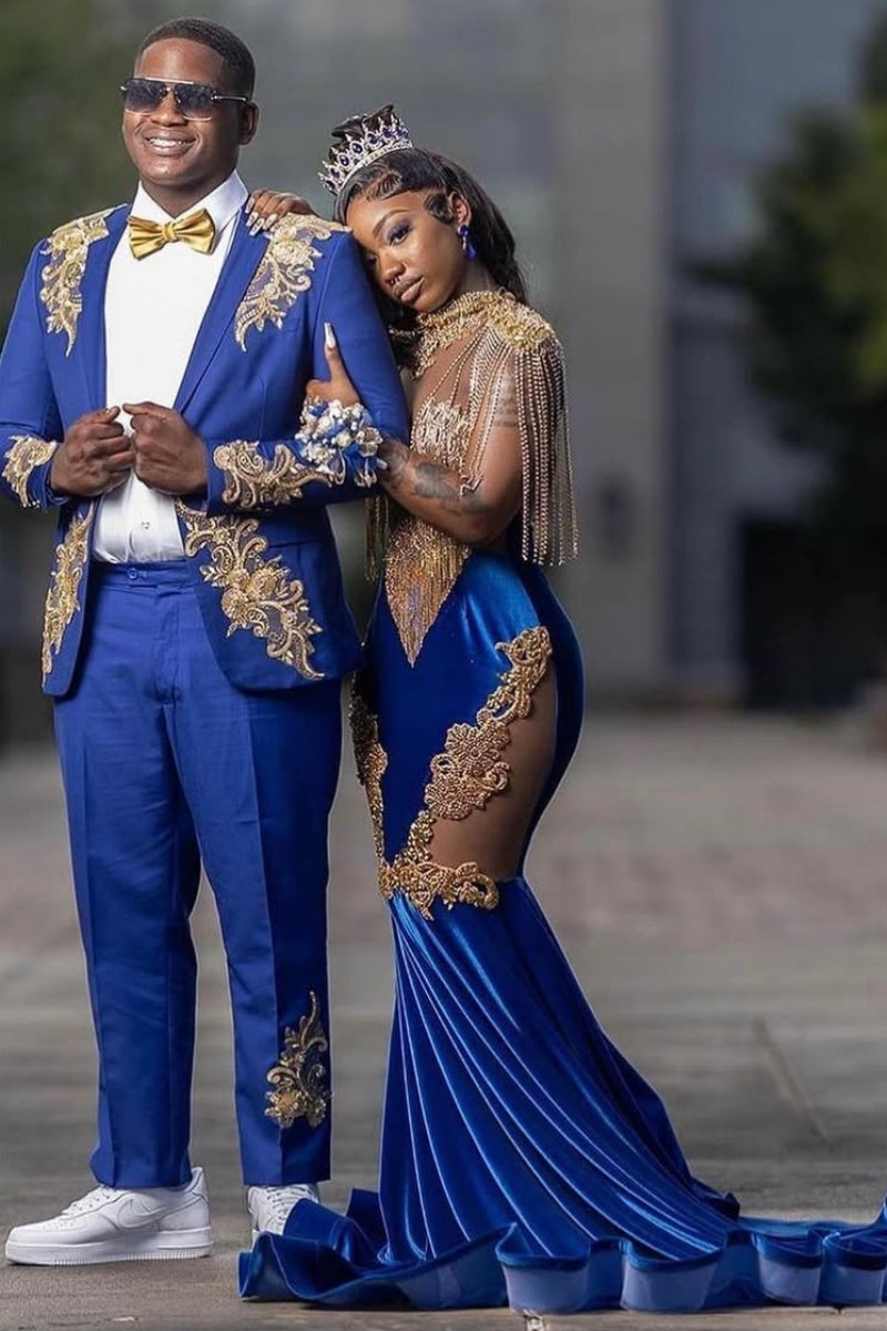 Chic Royal Blue Velvet Beadings Mermaid Prom Dresses With Appliques