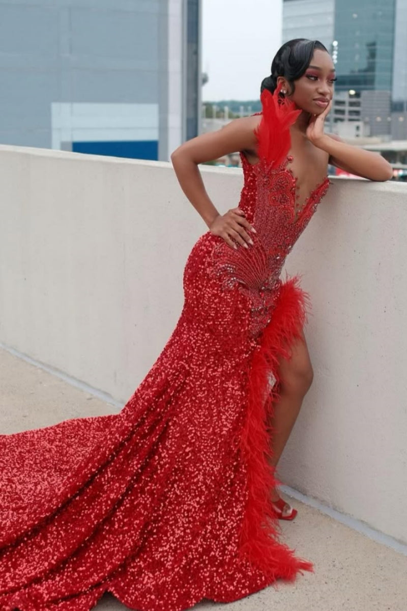 Sexy Red Sequins Scoop Split Beadings Prom Dresses With Feathers