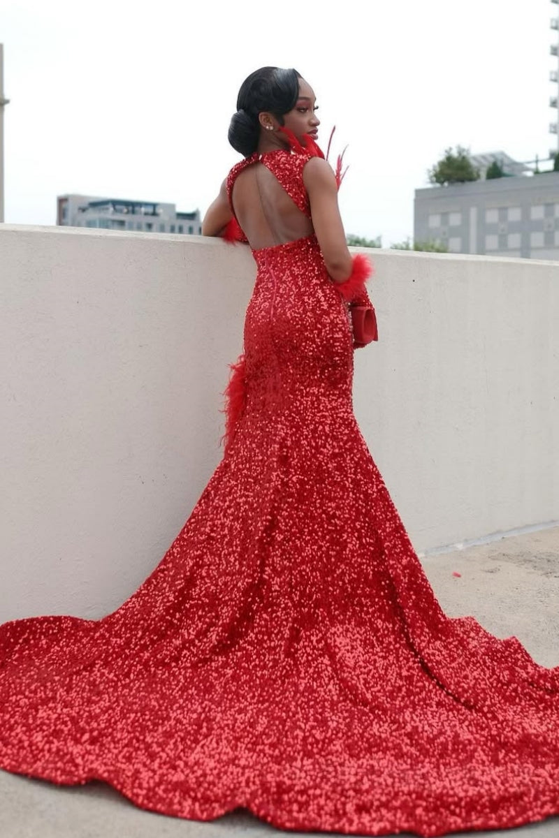Sexy Red Sequins Scoop Split Beadings Prom Dresses With Feathers