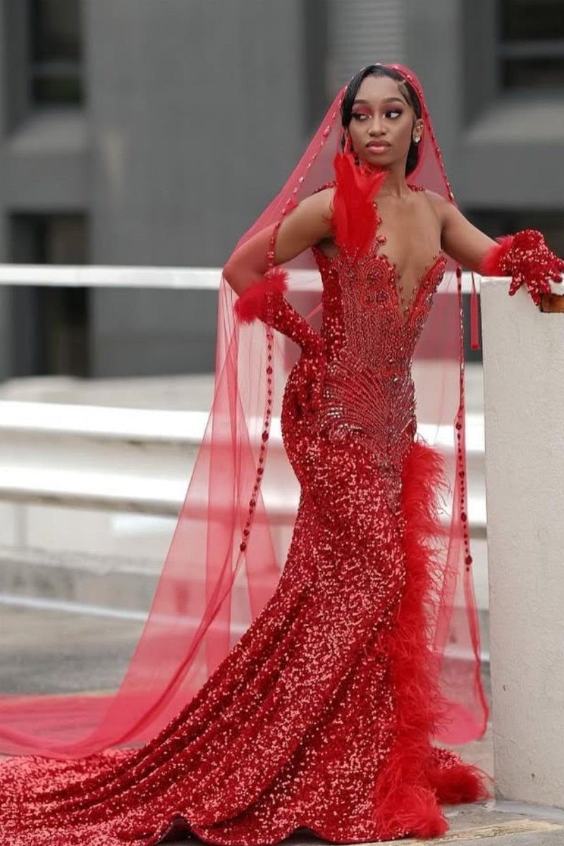 Sexy Red Sequins Scoop Split Beadings Prom Dresses With Feathers