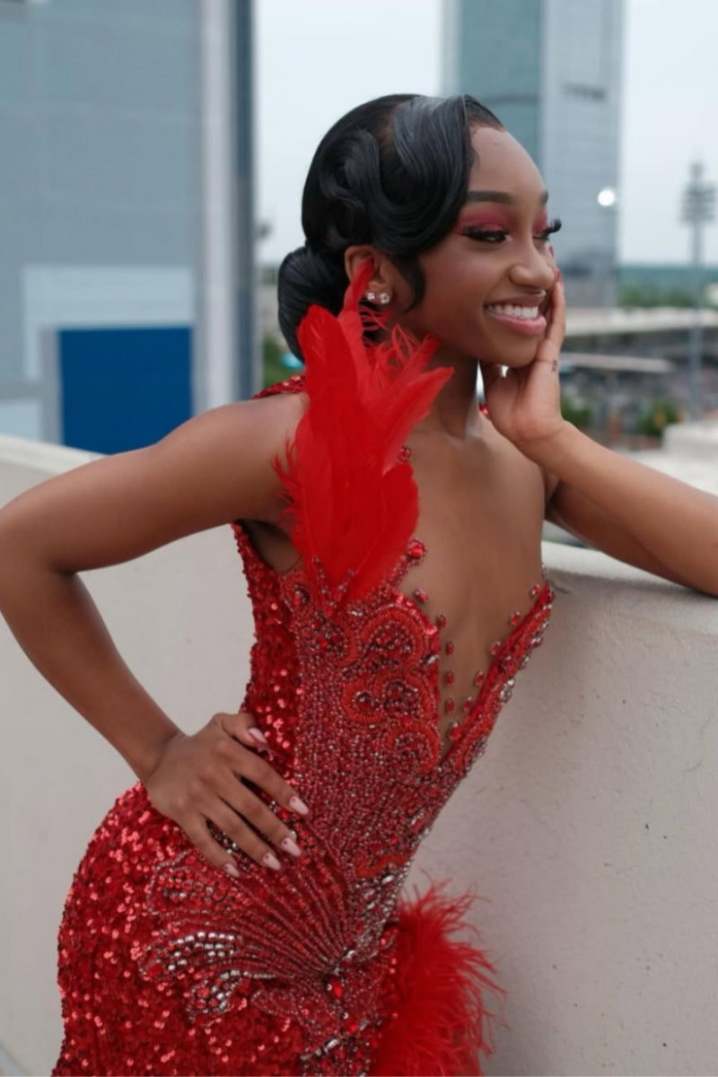 Sexy Red Sequins Scoop Split Beadings Prom Dresses With Feathers