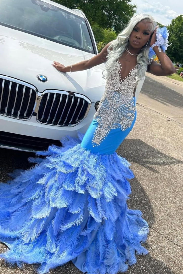 Beautiful Blue Scoop Silver Beadings Prom Dresses With Feathers