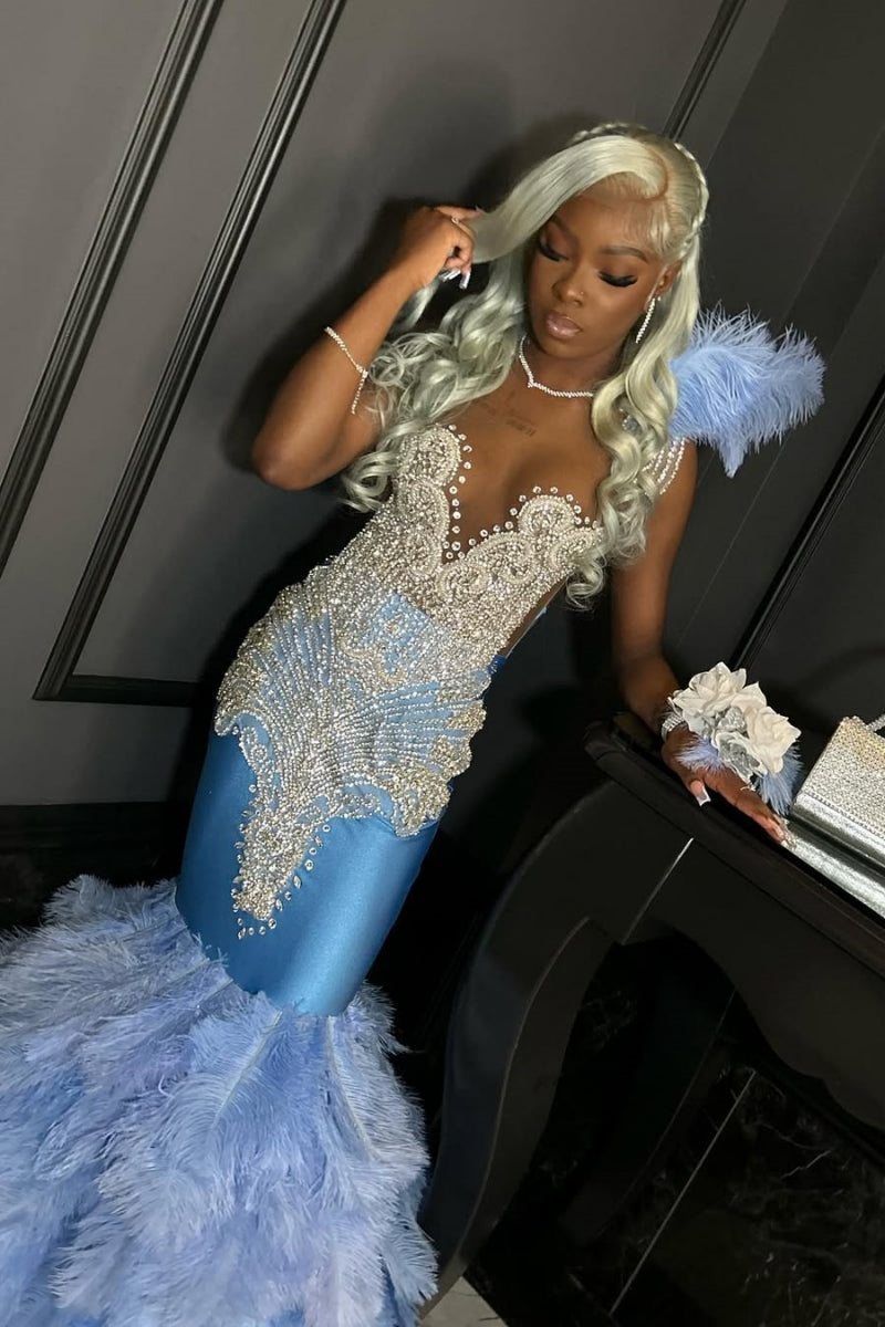 Beautiful Blue Scoop Silver Beadings Prom Dresses With Feathers
