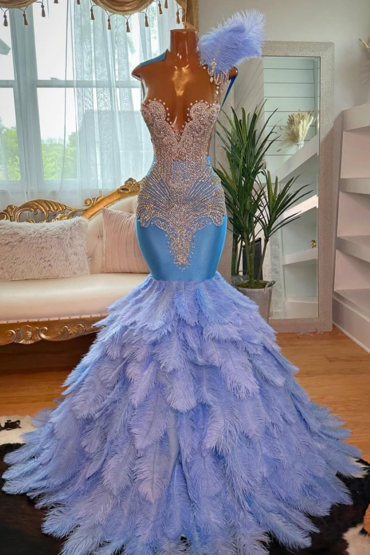 Luxury Blue Scoop Silver Beadings Mermaid Prom Dresses With Feathers