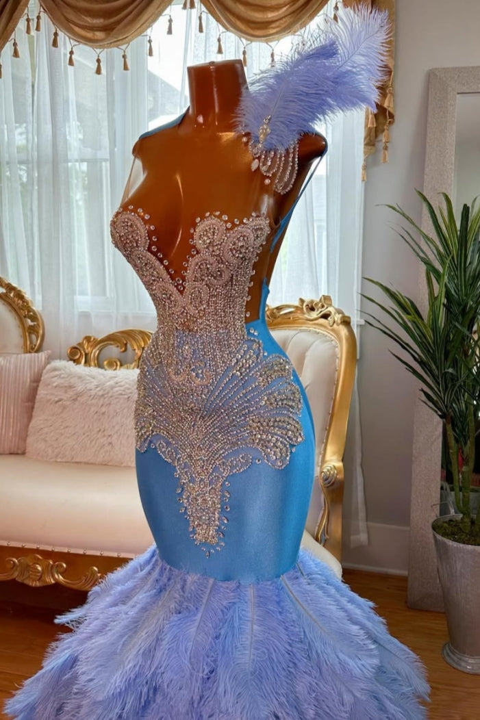 Luxury Blue Scoop Silver Beadings Mermaid Prom Dresses With Feathers