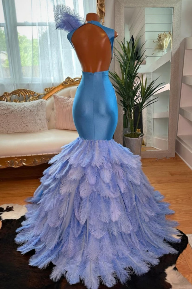 Luxury Blue Scoop Silver Beadings Mermaid Prom Dresses With Feathers