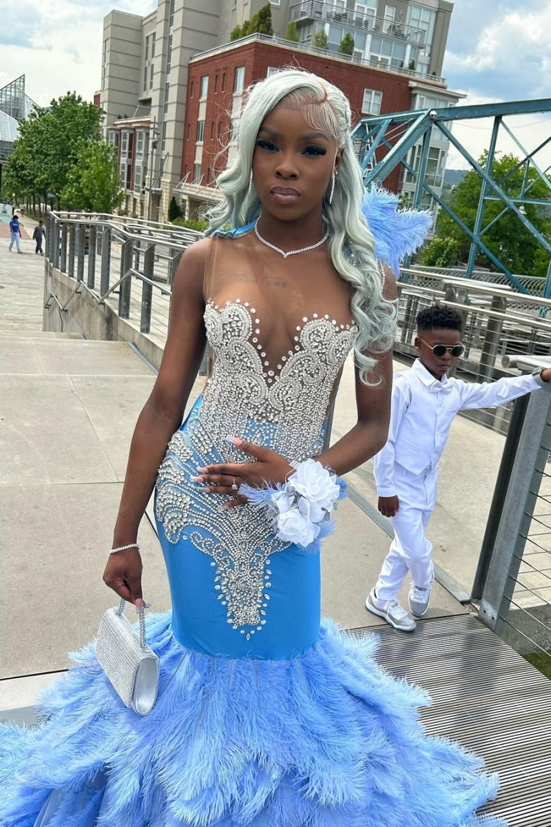 Beautiful Blue Scoop Silver Beadings Prom Dresses With Feathers