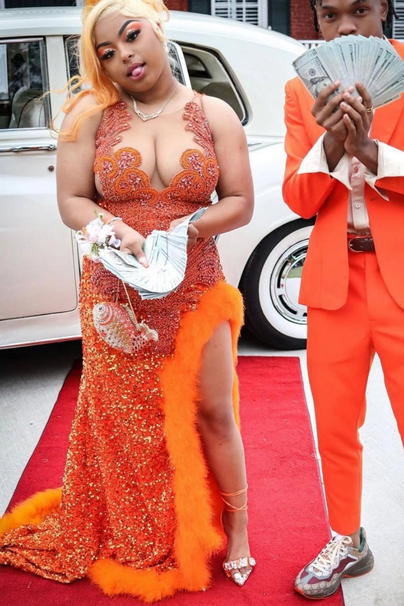Nectarean Orange Sequins Split Beadings Prom Dresses With Feathers