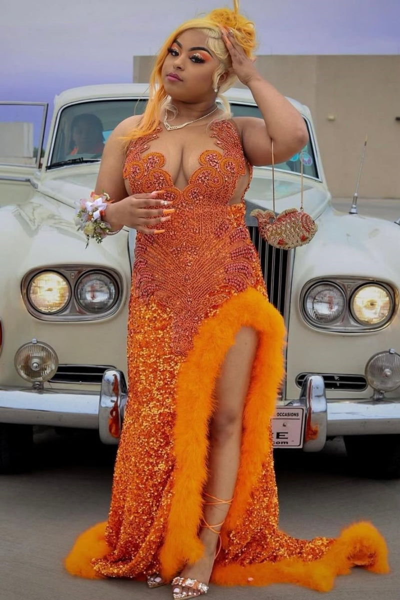 Nectarean Orange Sequins Split Beadings Prom Dresses With Feathers