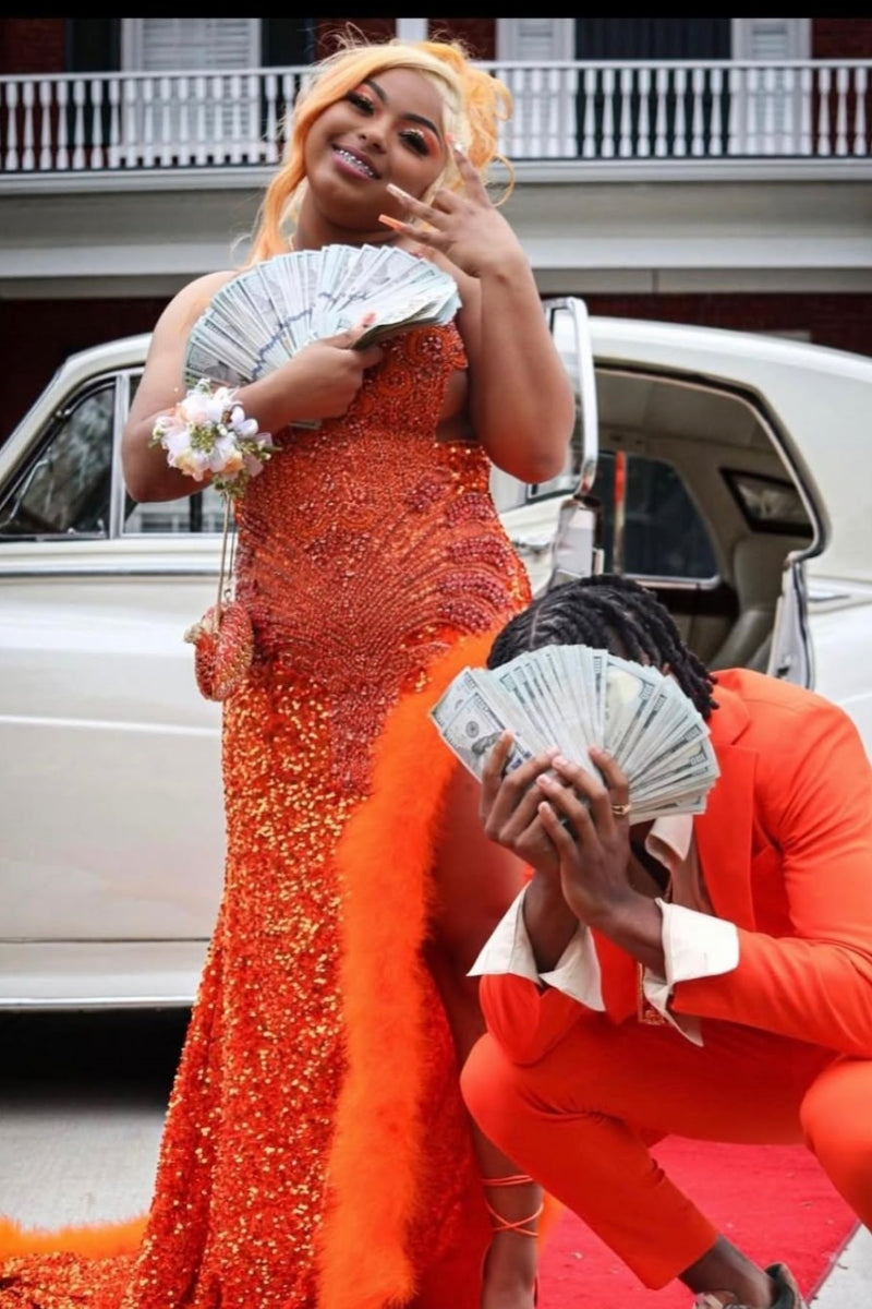 Nectarean Orange Sequins Split Beadings Prom Dresses With Feathers