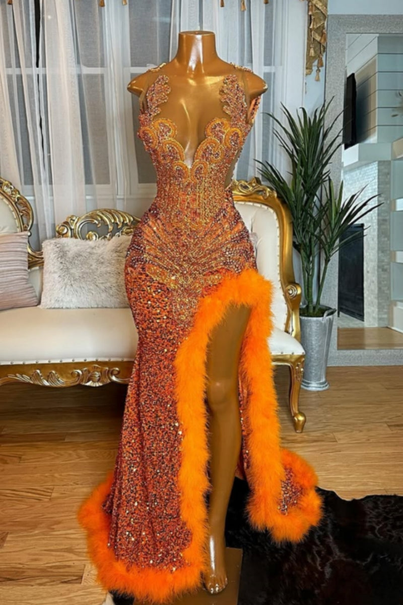 Charming Orange Sequins Split Beadings Prom Dresses With Feathers