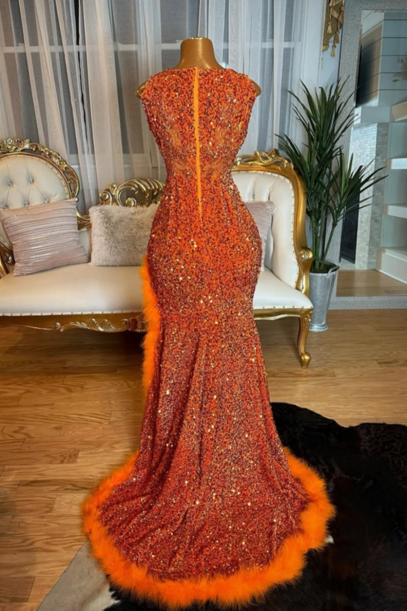 Charming Orange Sequins Split Beadings Prom Dresses With Feathers