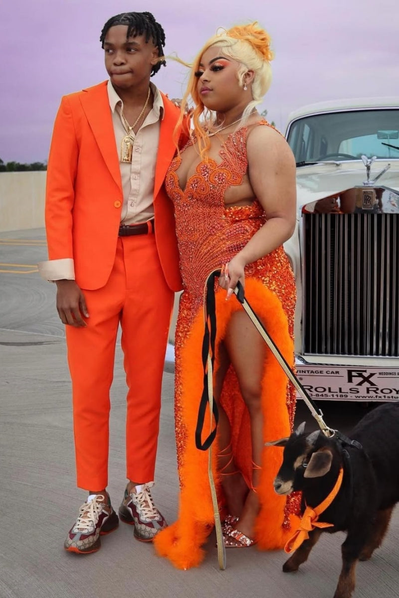 Nectarean Orange Sequins Split Beadings Prom Dresses With Feathers