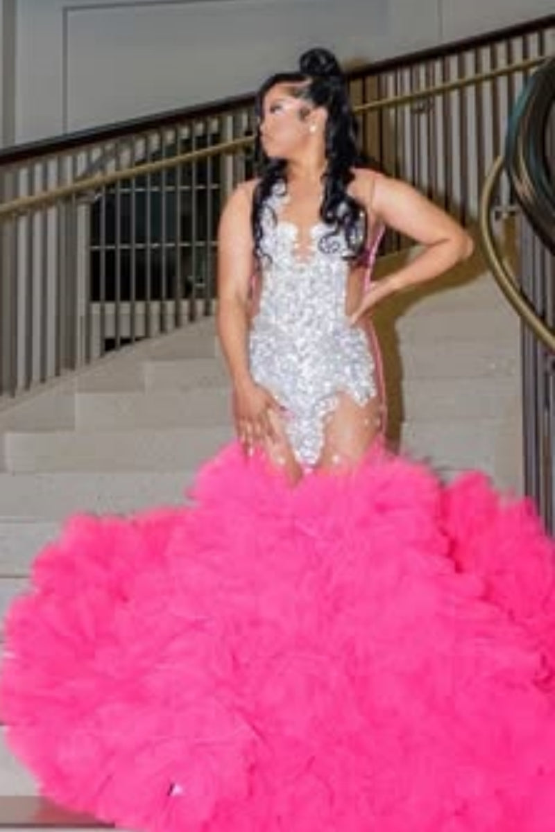 Trendy Pink Scoop Ruffled Tulles Mermaid Prom Dresses With Silver Beadings