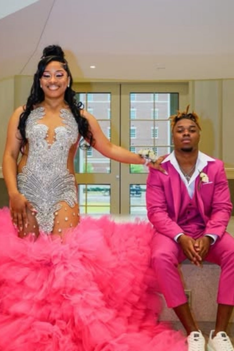 Trendy Pink Scoop Ruffled Tulles Mermaid Prom Dresses With Silver Beadings