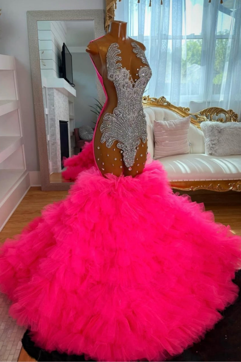 Exquisite Pink Scoop Ruffled Tulles Mermaid Prom Dresses With Silver Beadings
