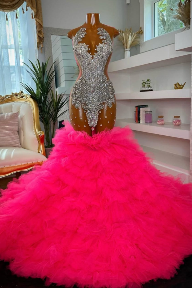 Exquisite Pink Scoop Ruffled Tulles Mermaid Prom Dresses With Silver Beadings