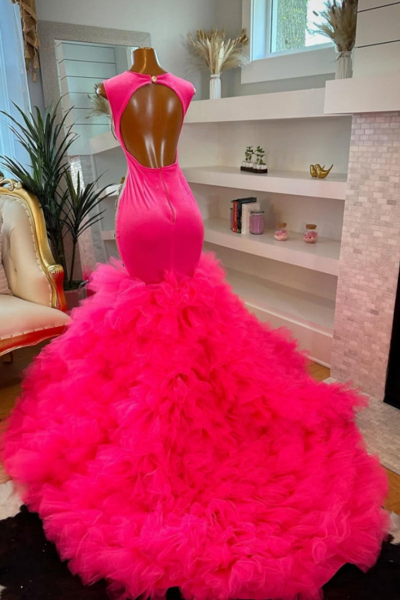 Exquisite Pink Scoop Ruffled Tulles Mermaid Prom Dresses With Silver Beadings