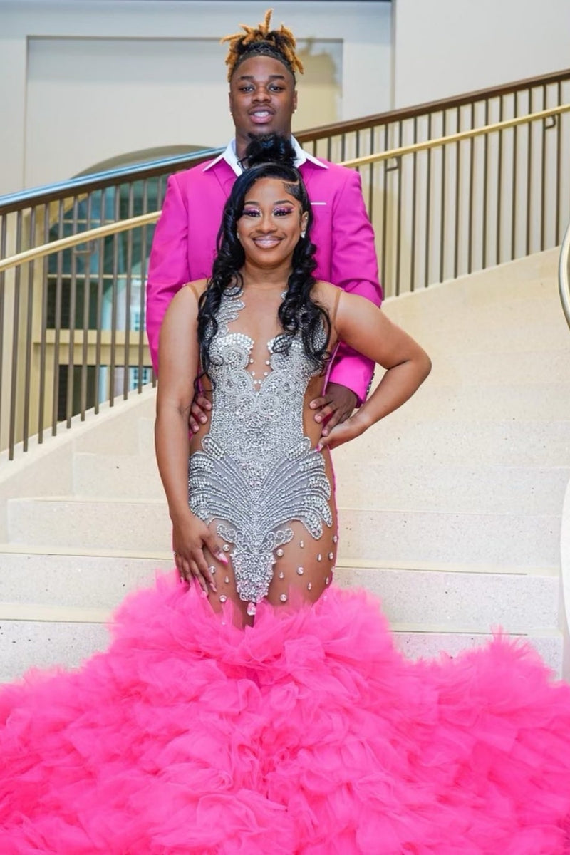Trendy Pink Scoop Ruffled Tulles Mermaid Prom Dresses With Silver Beadings
