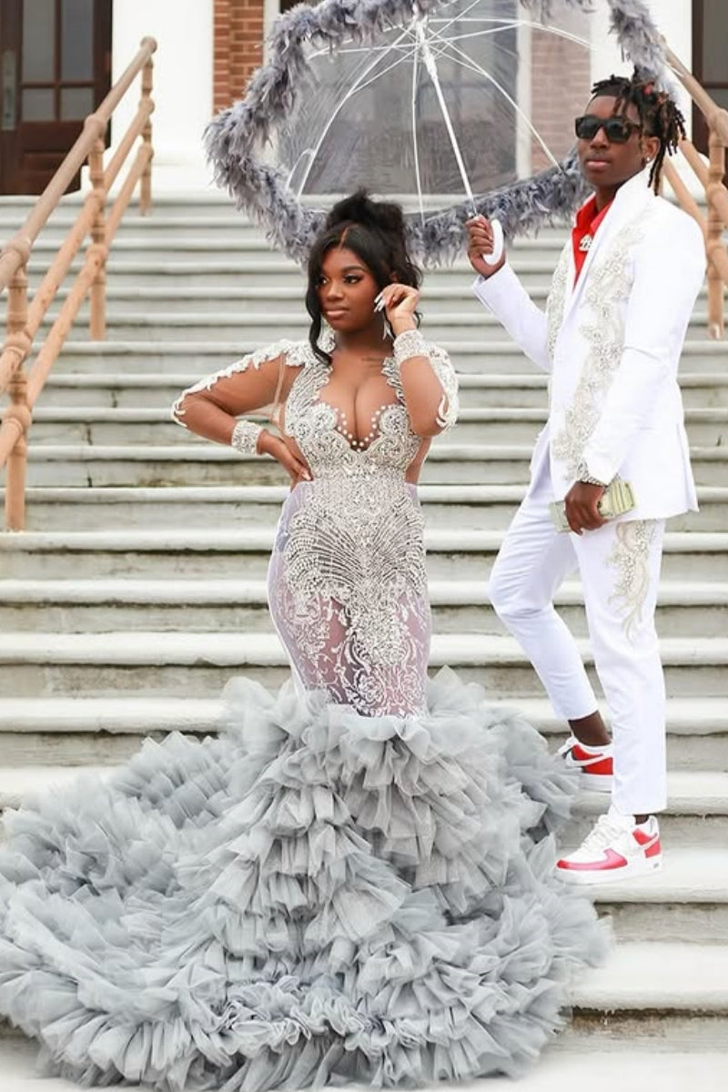 Exquisite Long Sleeves Gray Ruffled Tulles Mermaid Prom Dresses With Silver Beadings