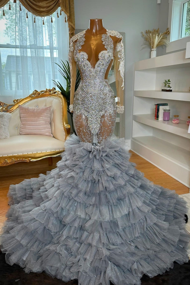 Elegant Long Sleeves Gray Ruffled Tulles Mermaid Prom Dresses With Silver Beadings