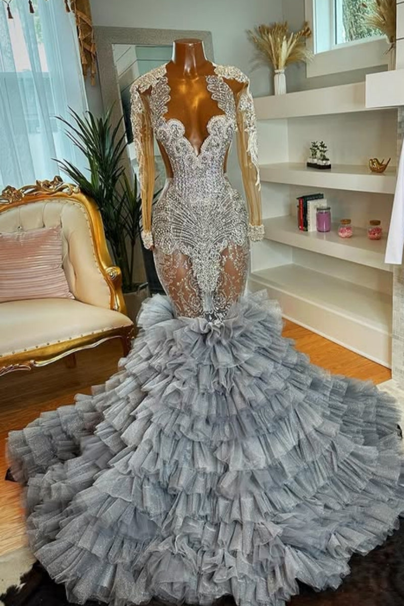 Elegant Long Sleeves Gray Ruffled Tulles Mermaid Prom Dresses With Silver Beadings